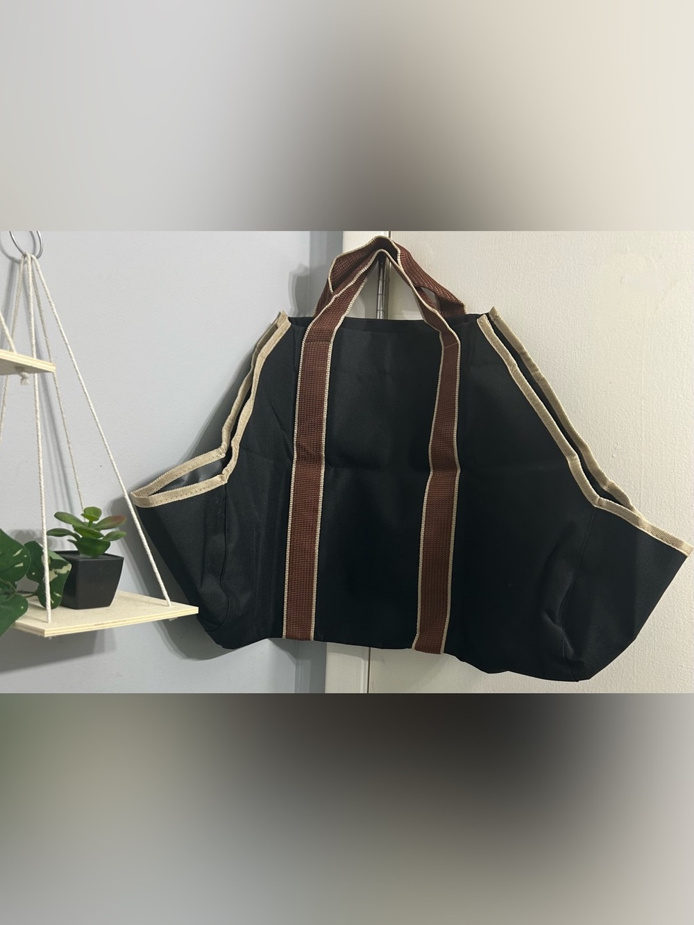 (NEW) Heavy Duty Canvas Firewood Log Carrier Tote Bag - Black & Brown